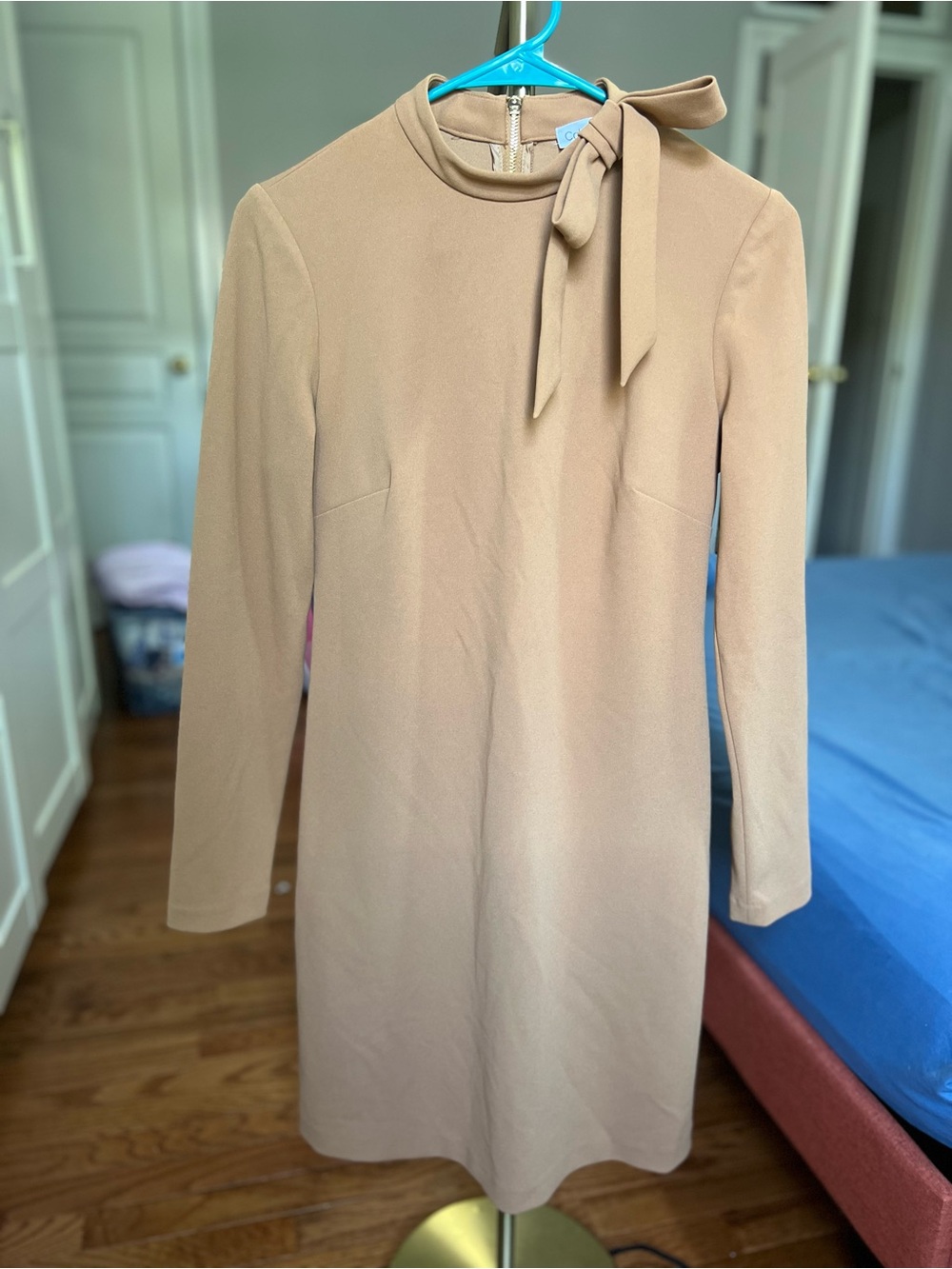 Calvin Klein Camel Tie-Neck Long Sleeve Shift Dress